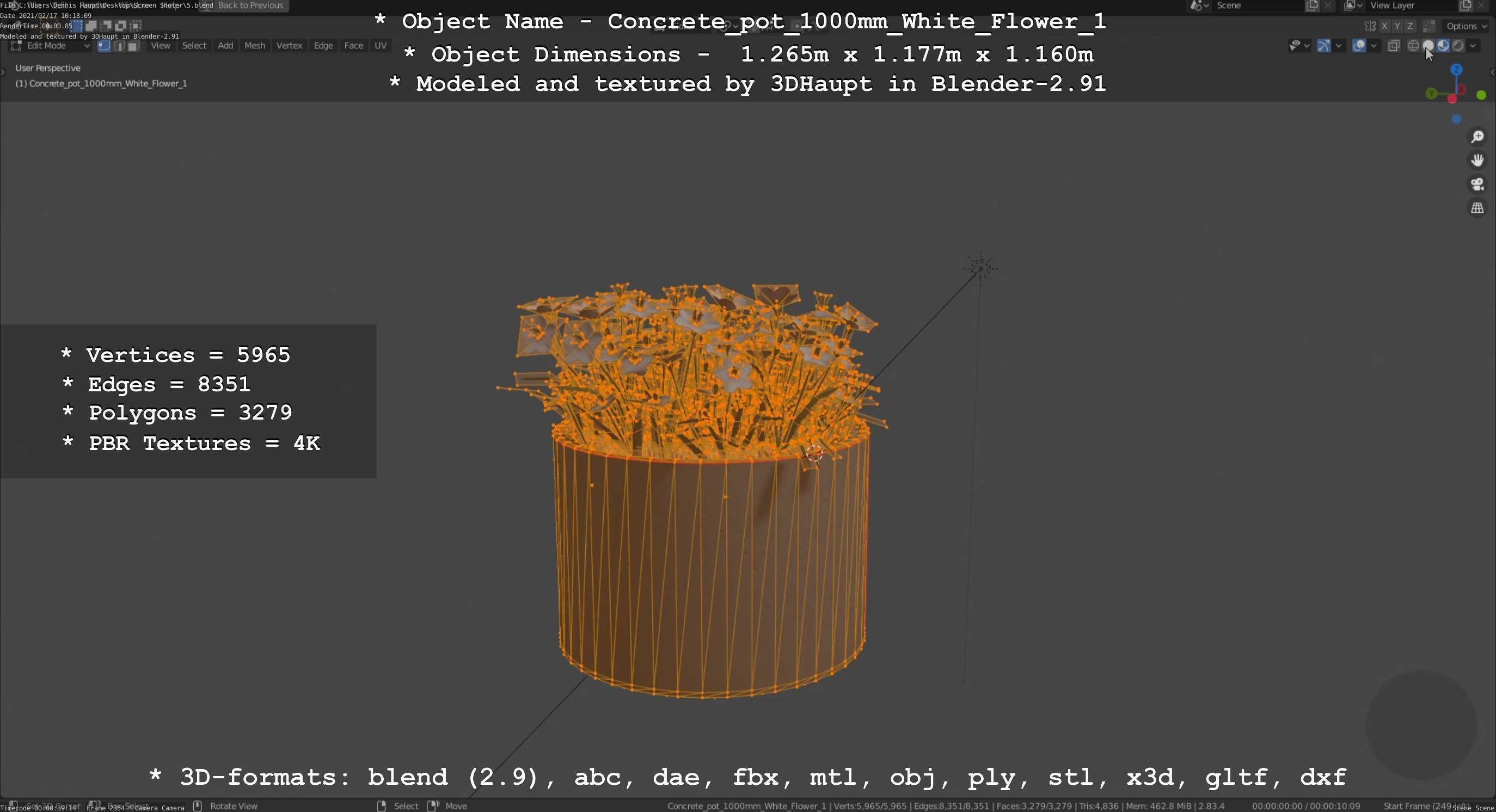 Concrete Pipe Pot 1000mm with White Version 1 Low-poly 3D model_95