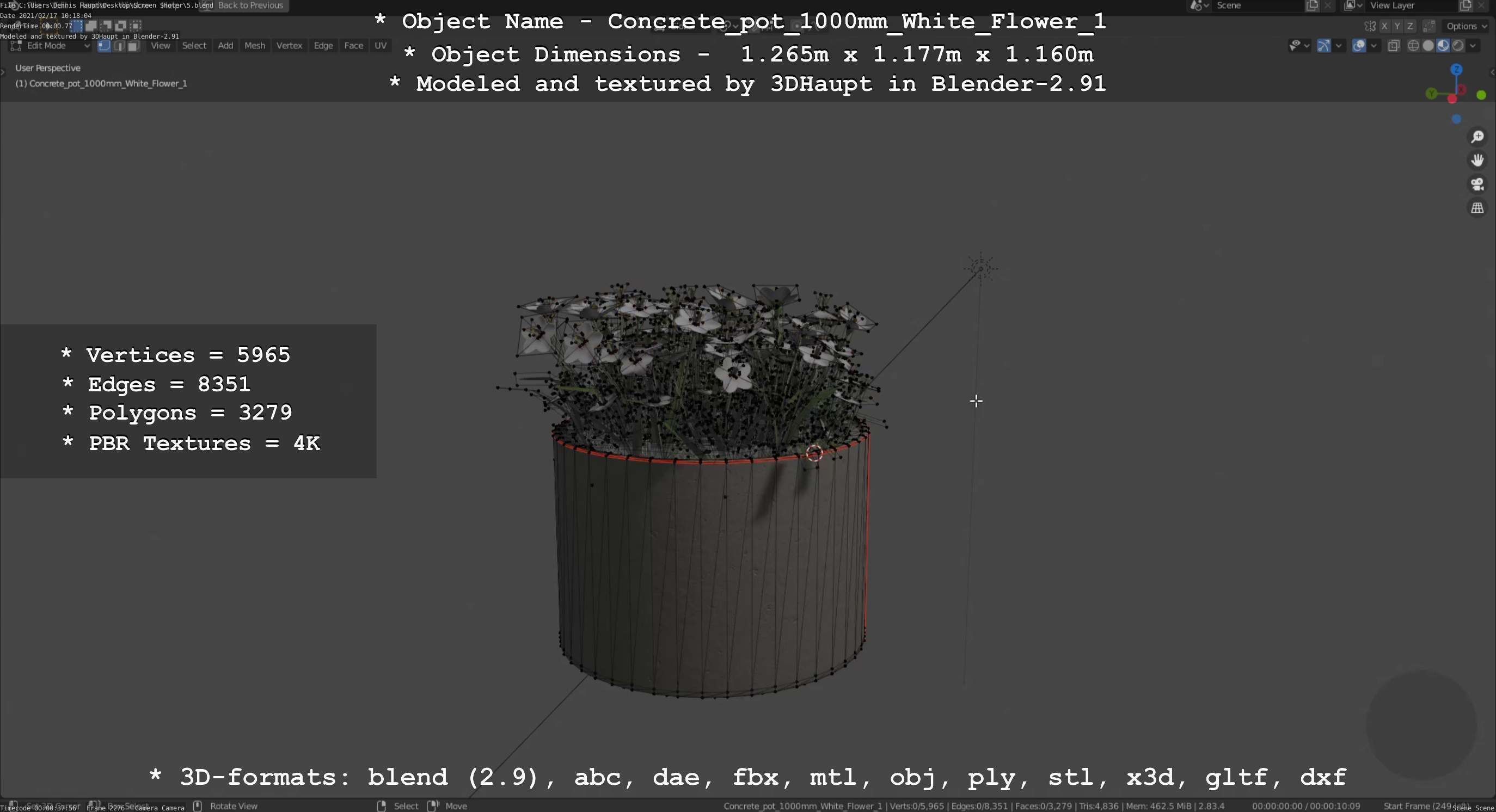 Concrete Pipe Pot 1000mm with White Version 1 Low-poly 3D model_88
