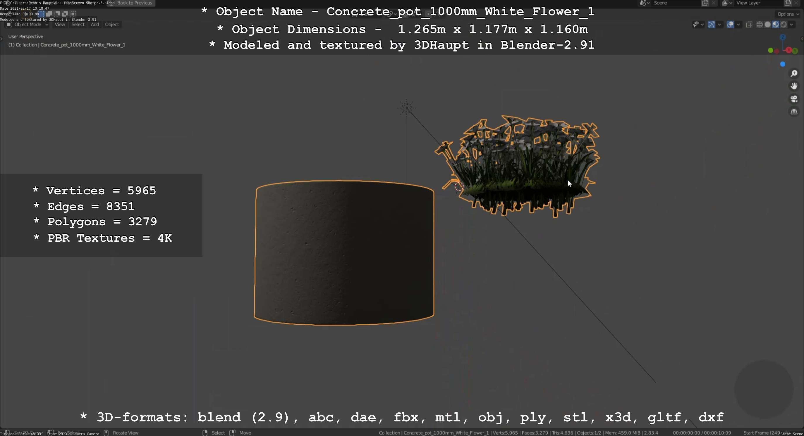 Concrete Pipe Pot 1000mm with White Version 1 Low-poly 3D model_36