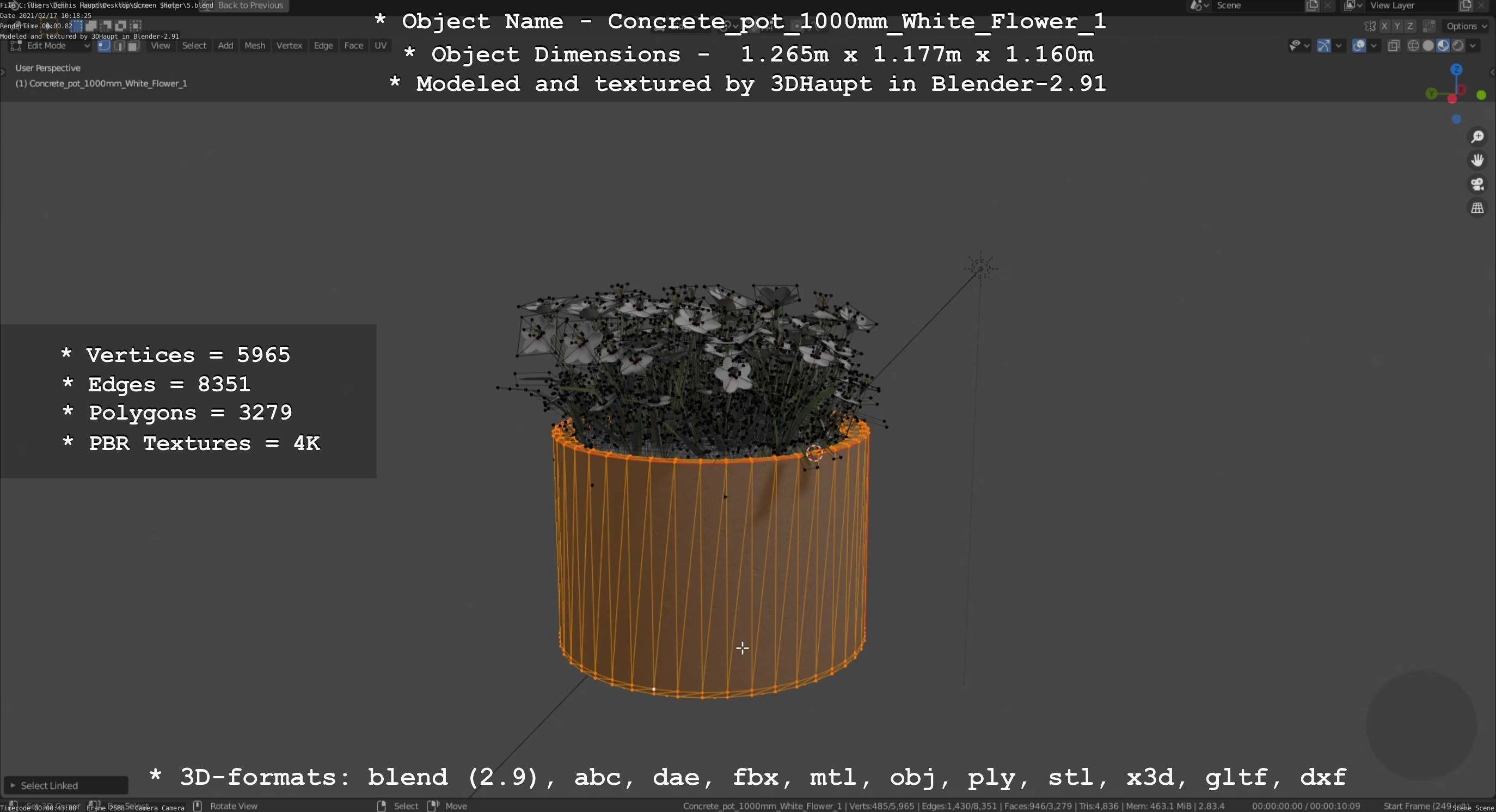 Concrete Pipe Pot 1000mm with White Version 1 Low-poly 3D model_106