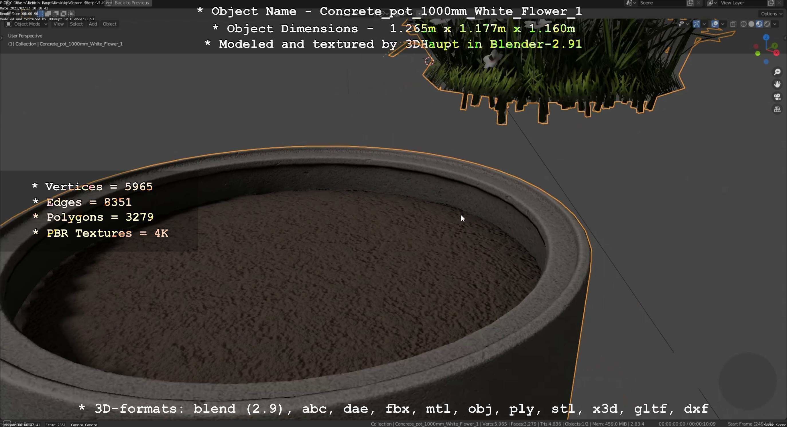 Concrete Pipe Pot 1000mm with White Version 1 Low-poly 3D model_112