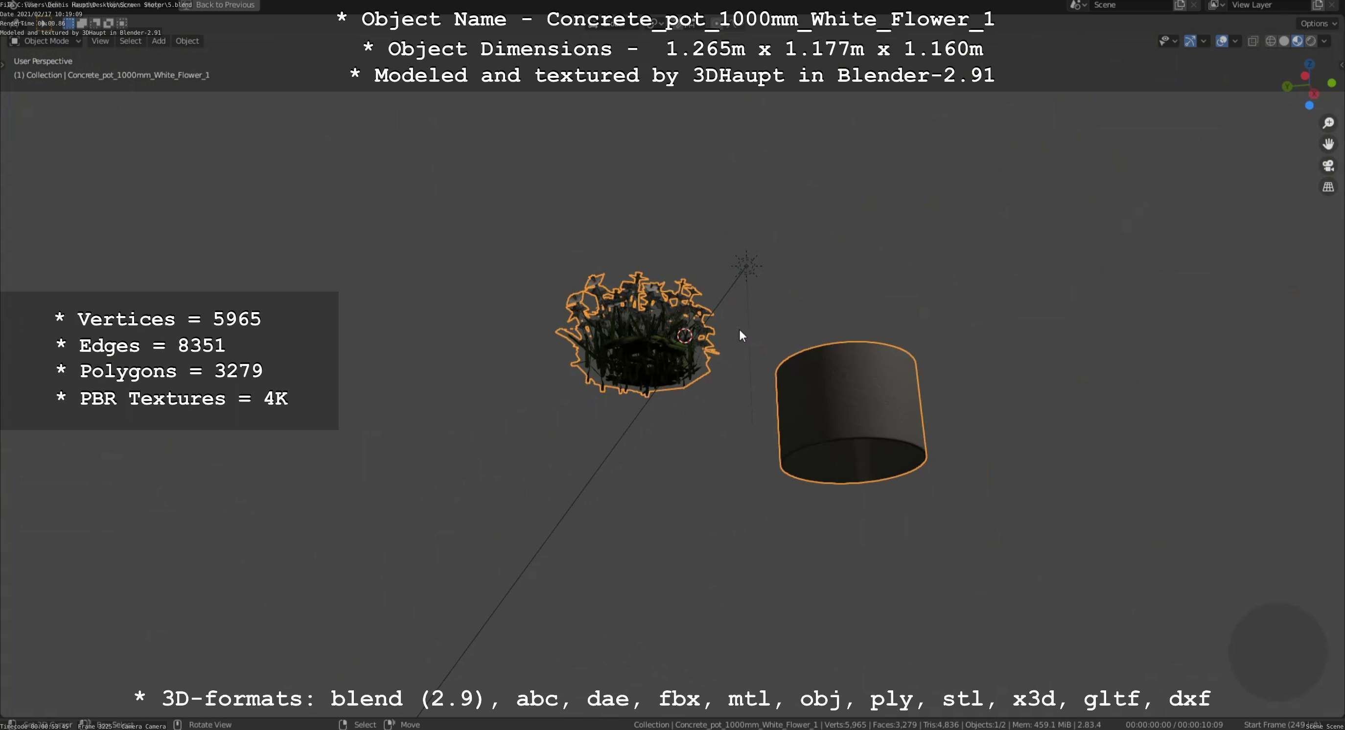 Concrete Pipe Pot 1000mm with White Version 1 Low-poly 3D model_19
