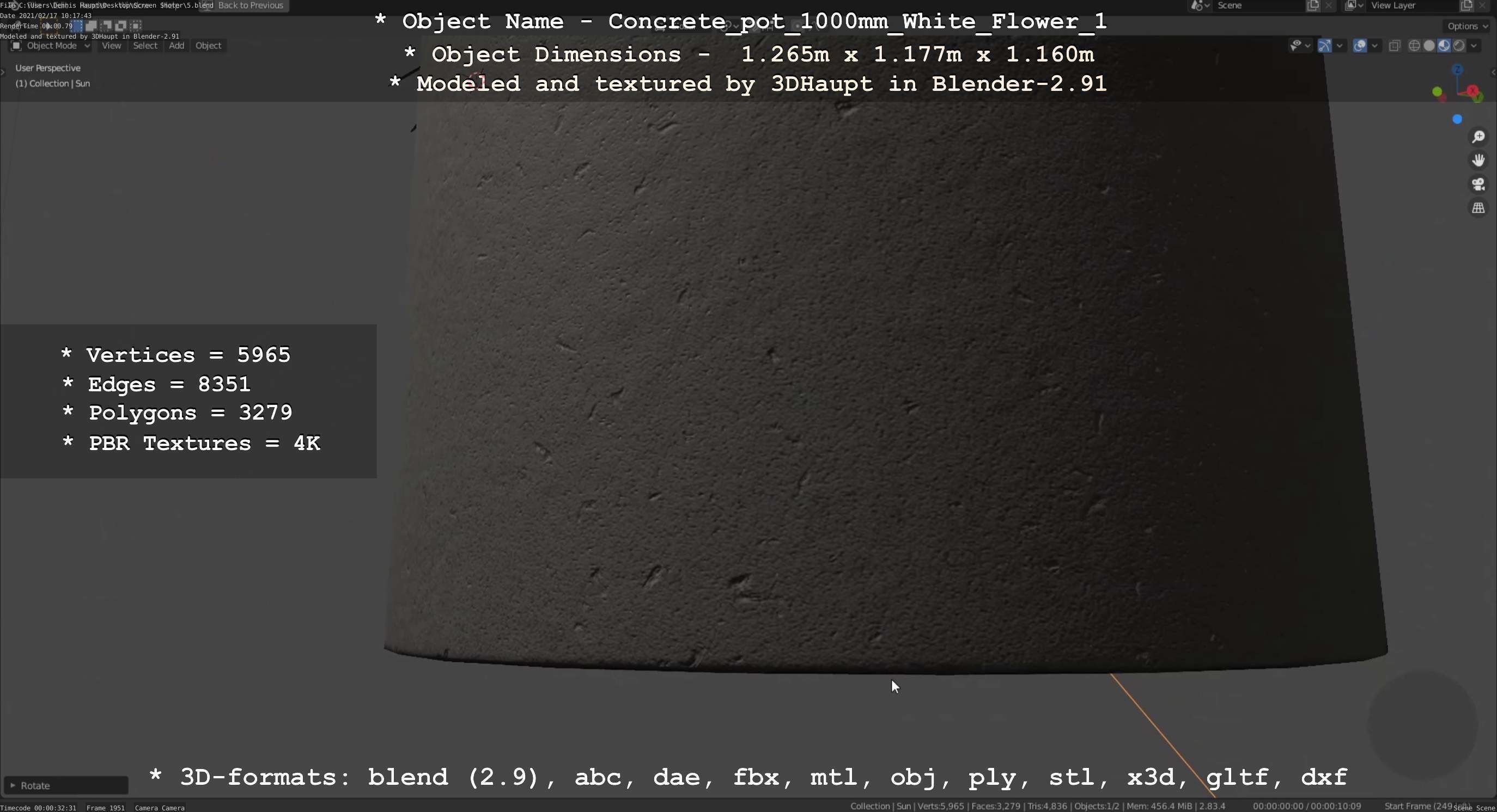 Concrete Pipe Pot 1000mm with White Version 1 Low-poly 3D model_76