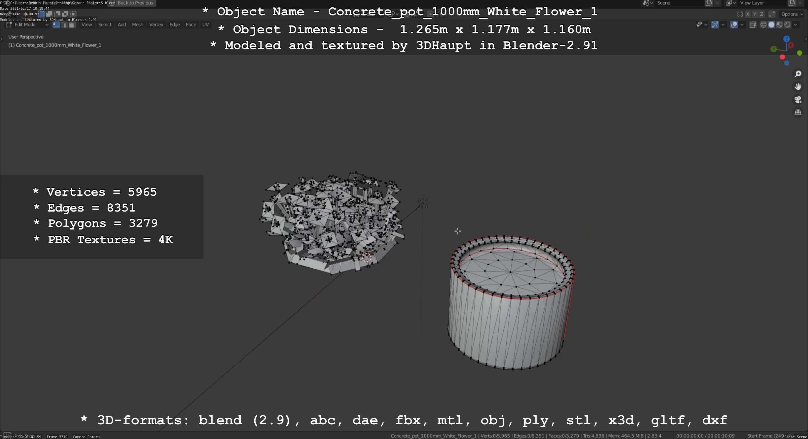 Concrete Pipe Pot 1000mm with White Version 1 Low-poly 3D model_56