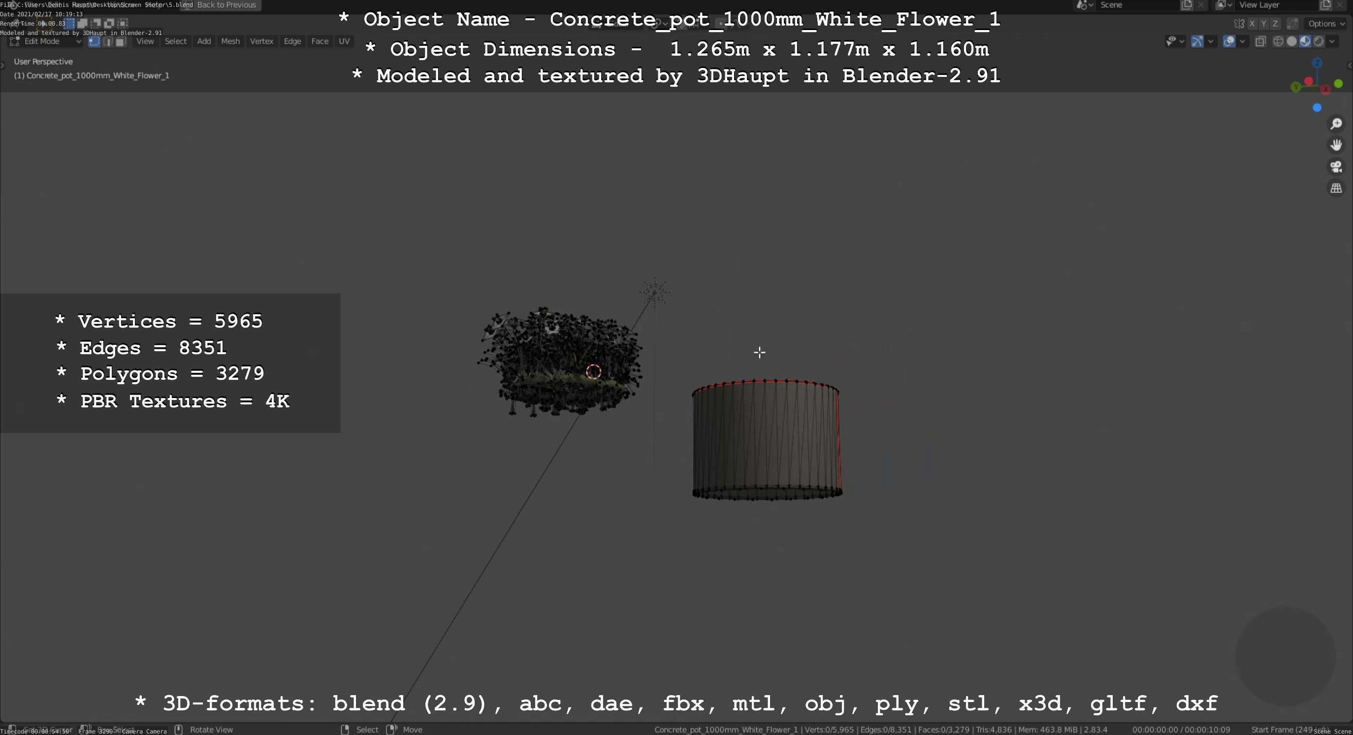 Concrete Pipe Pot 1000mm with White Version 1 Low-poly 3D model_43