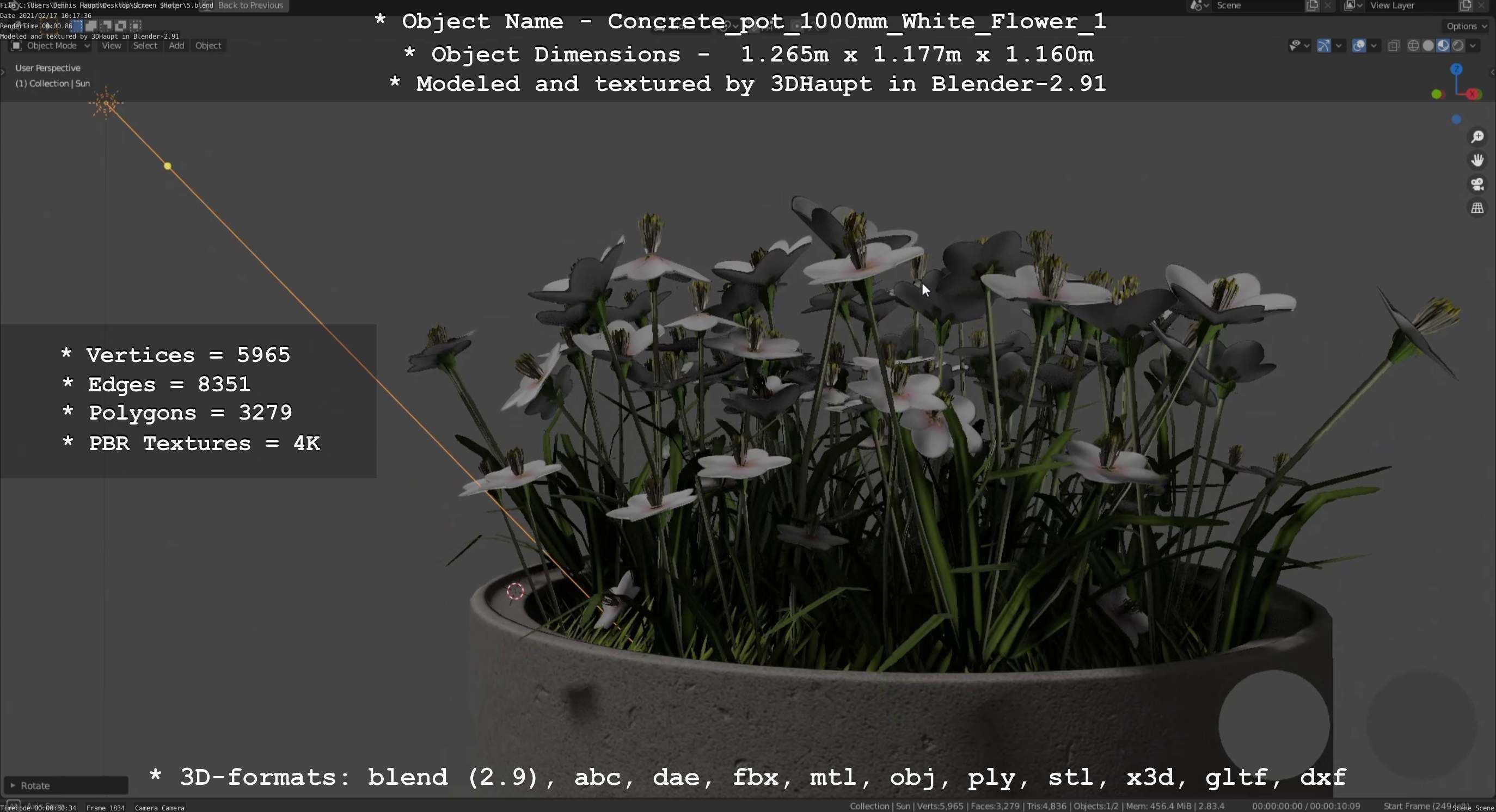 Concrete Pipe Pot 1000mm with White Version 1 Low-poly 3D model_5