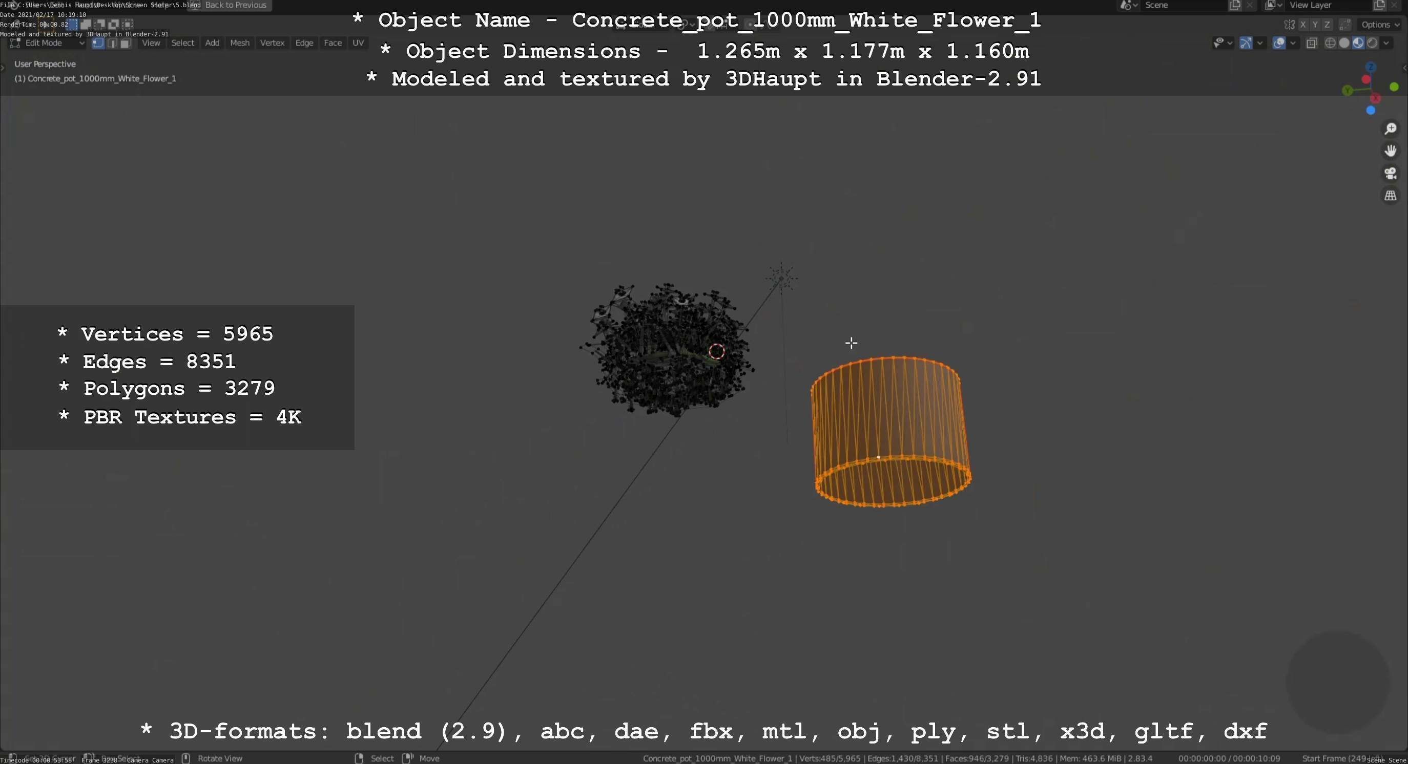 Concrete Pipe Pot 1000mm with White Version 1 Low-poly 3D model_39
