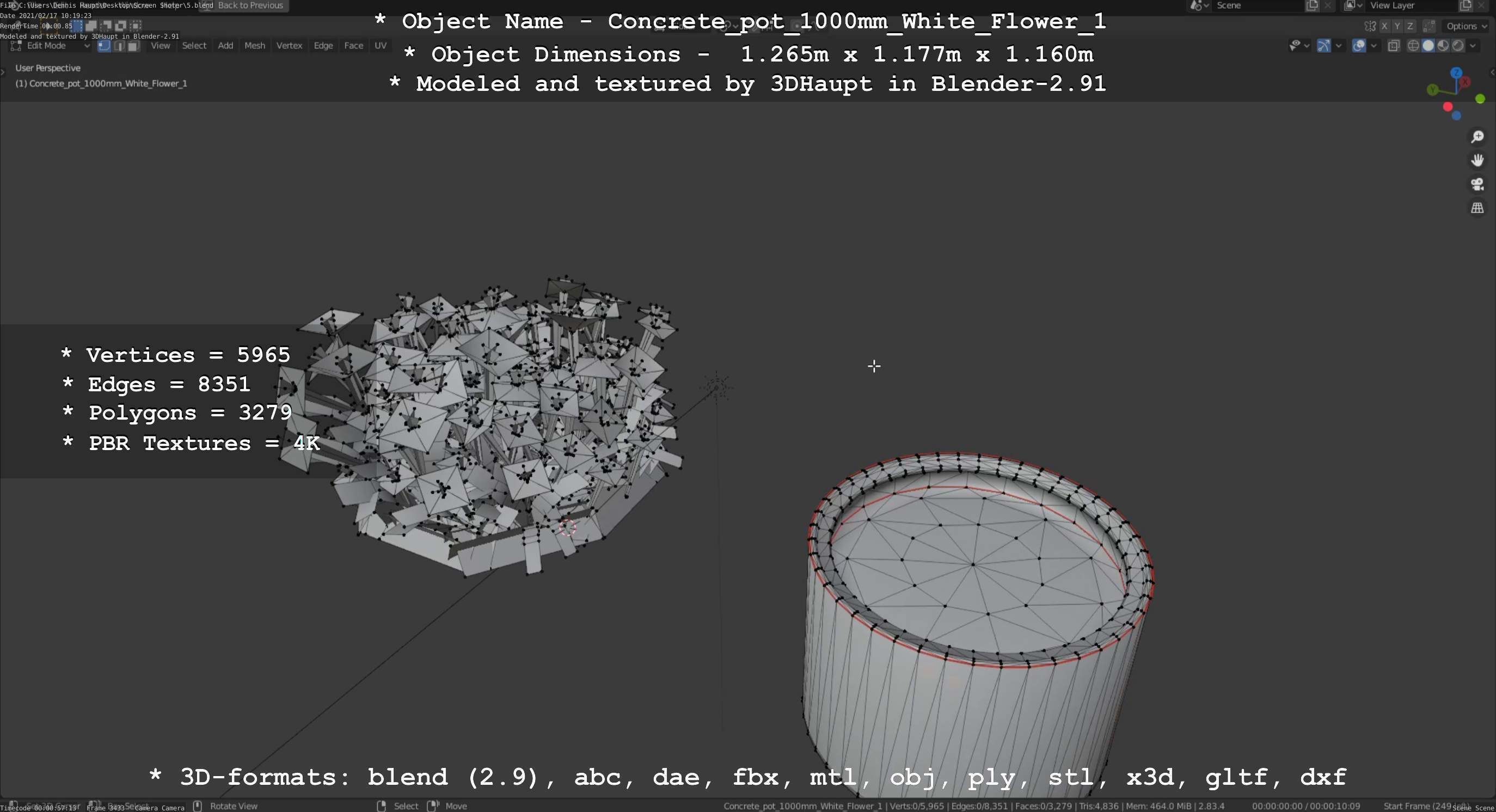 Concrete Pipe Pot 1000mm with White Version 1 Low-poly 3D model_48
