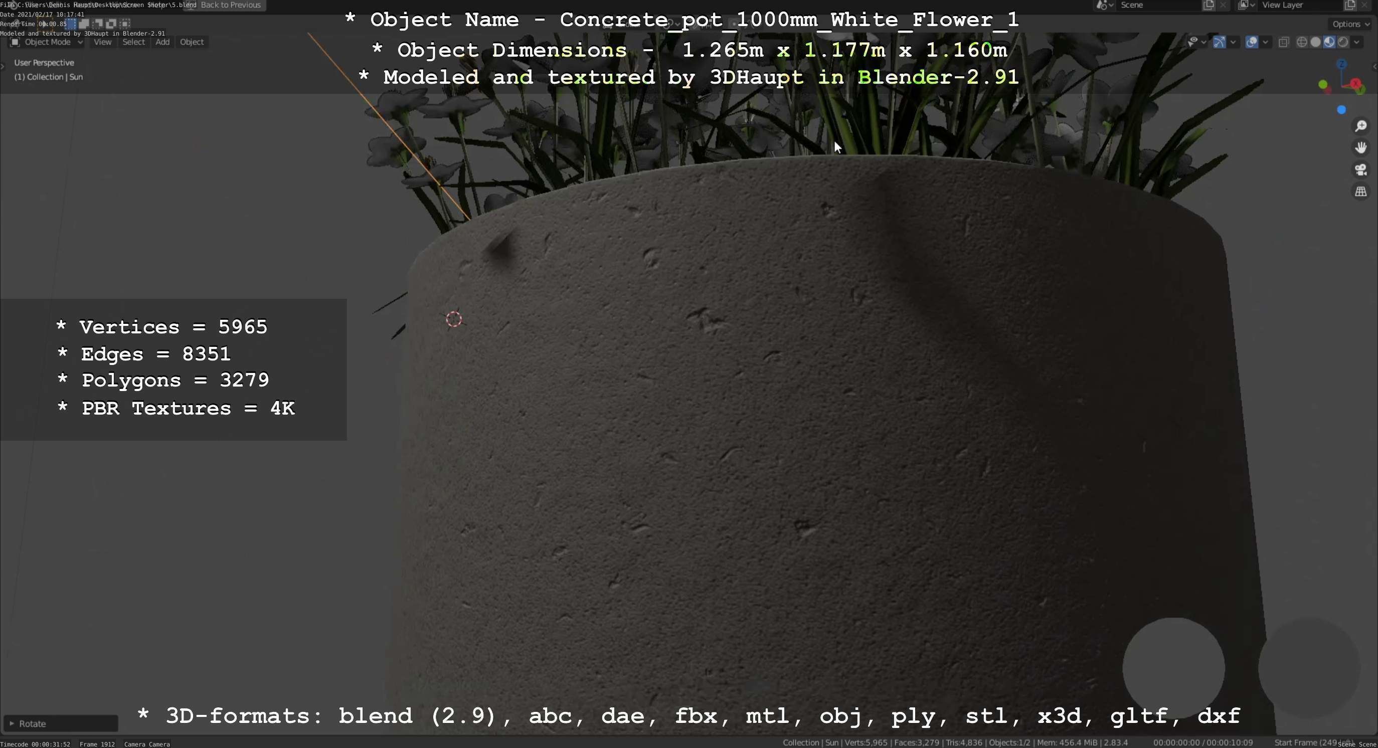 Concrete Pipe Pot 1000mm with White Version 1 Low-poly 3D model_7