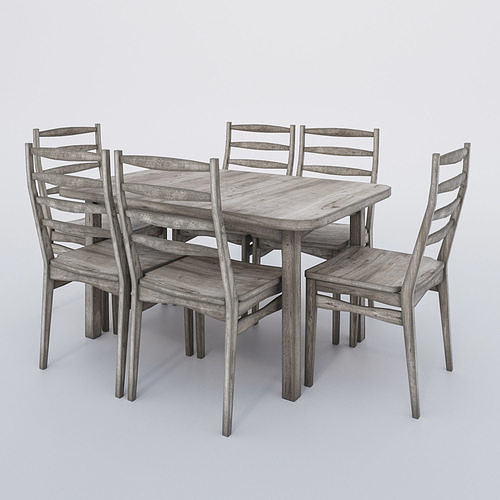 Rectangular table and chairs - aged wood Low-poly 3D model