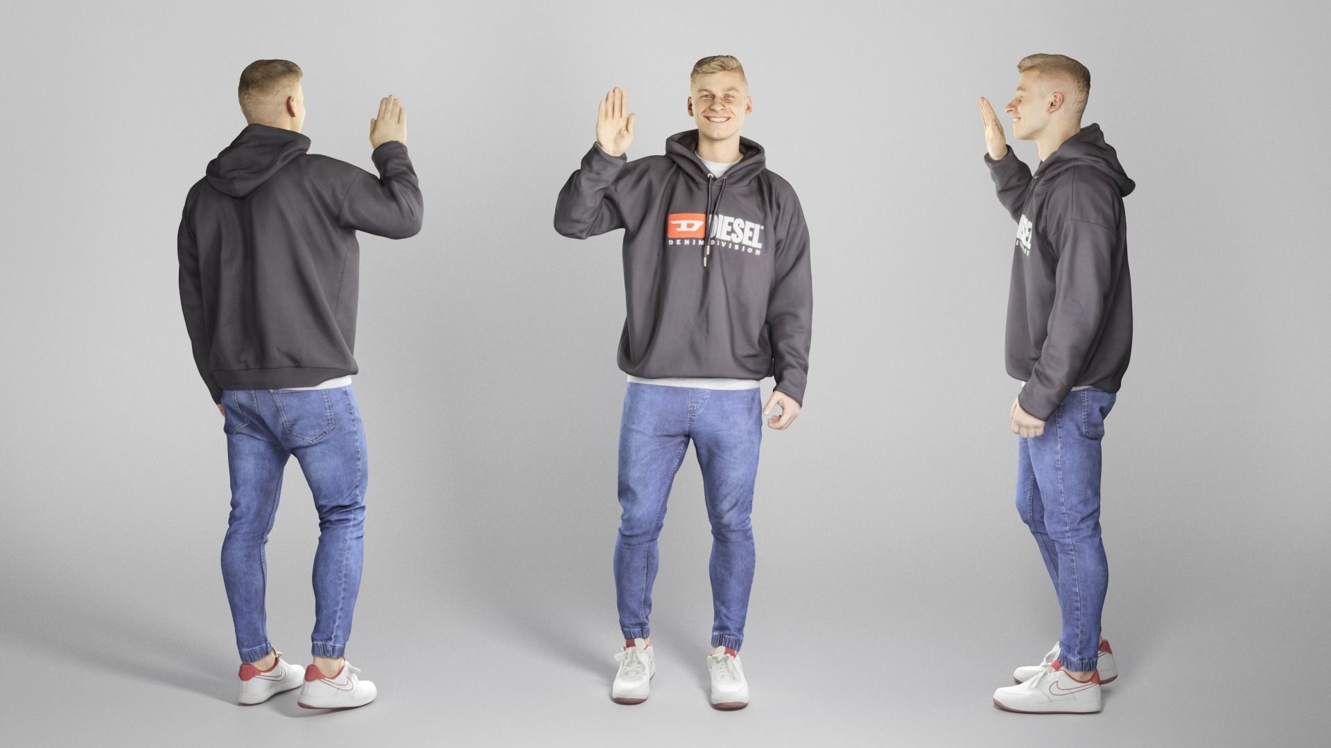 Cheerful young man in hoodie waving 265 Low-poly 3D model_2