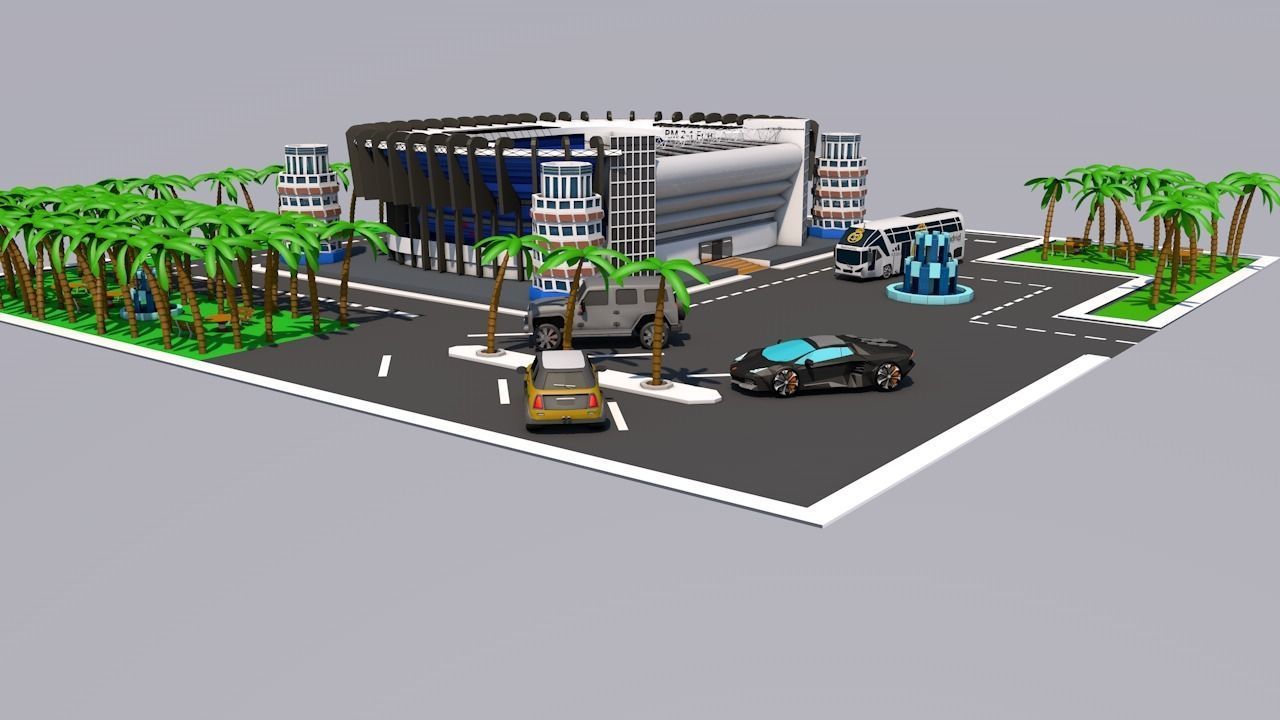 low poly city football stadium with palm trees Low-poly 3D model_10
