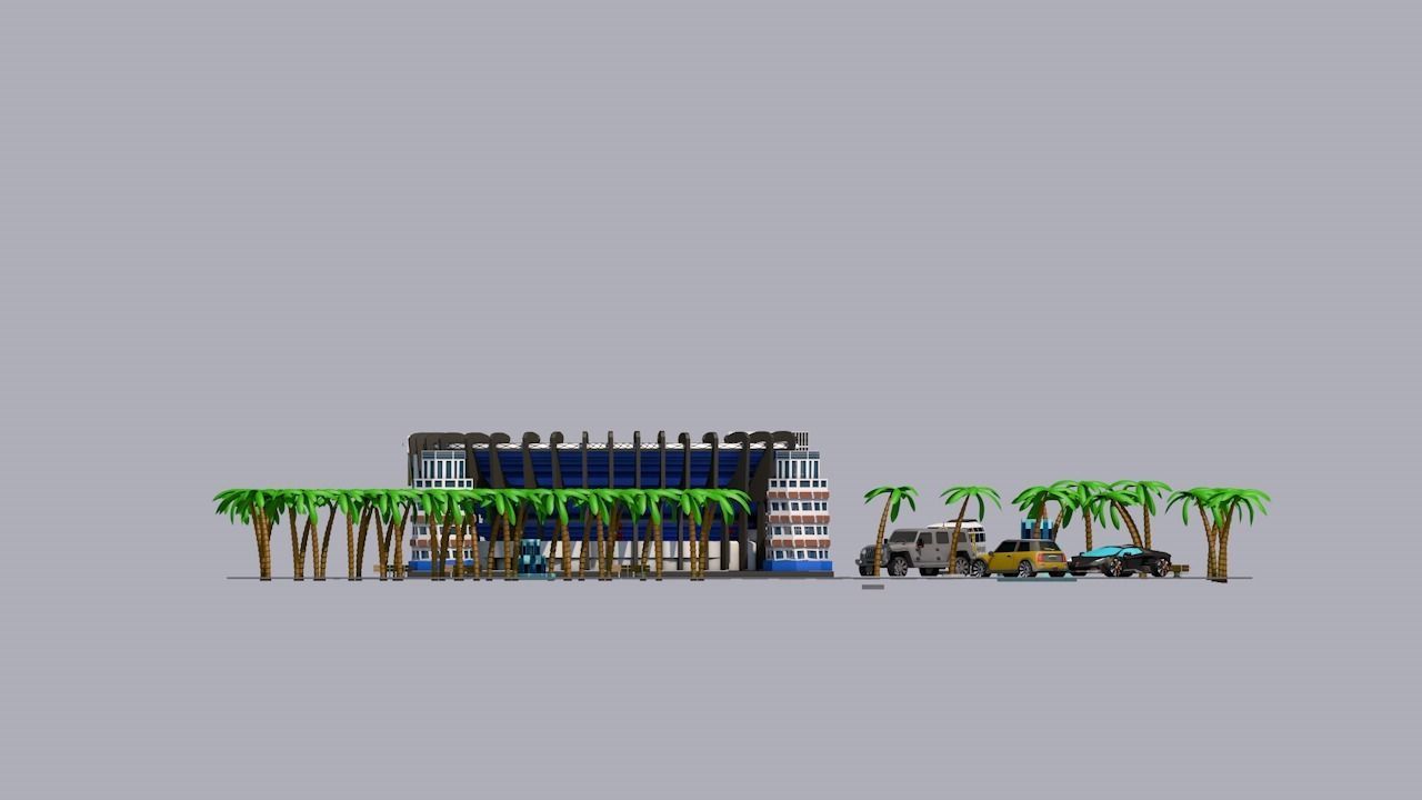 low poly city football stadium with palm trees Low-poly 3D model_7