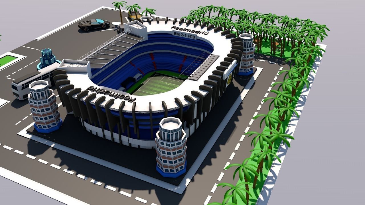 low poly city football stadium with palm trees Low-poly 3D model_16