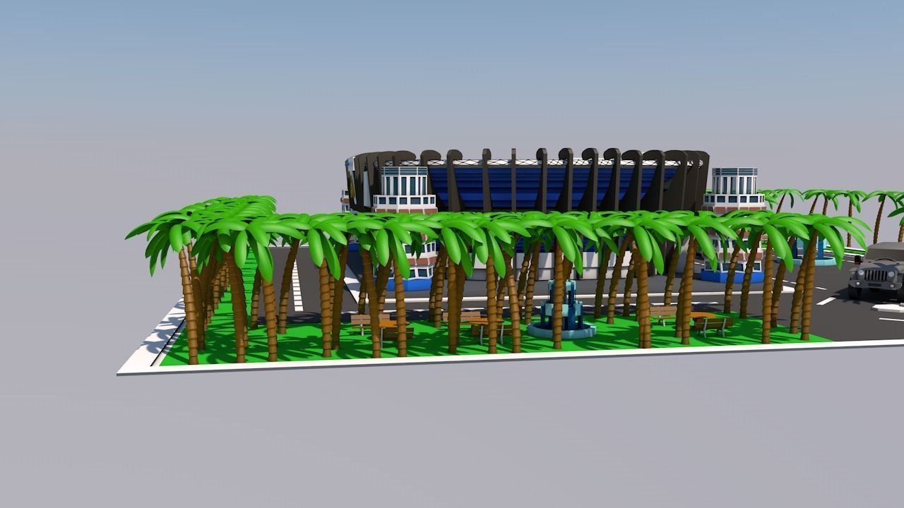 low poly city football stadium with palm trees Low-poly 3D model_3