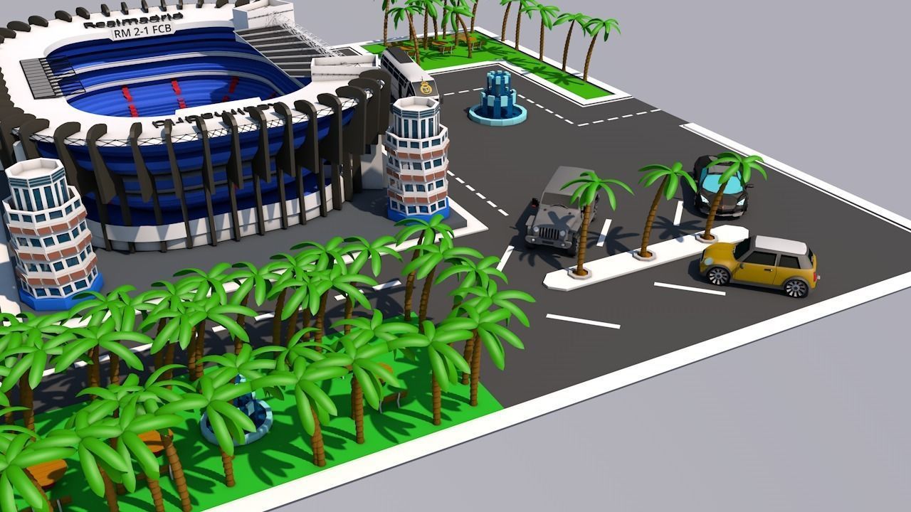 low poly city football stadium with palm trees Low-poly 3D model_12