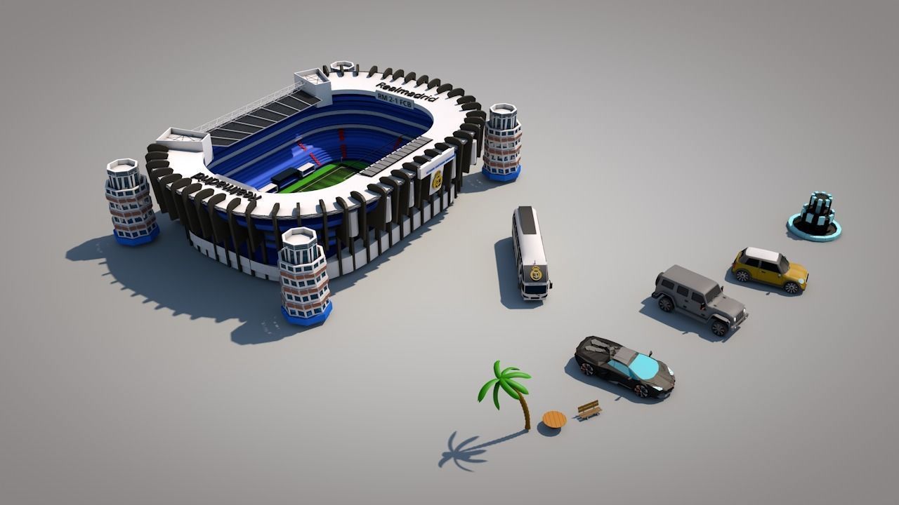 low poly city football stadium with palm trees Low-poly 3D model_1