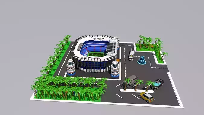 low poly city football stadium with palm trees Low-poly 3D model