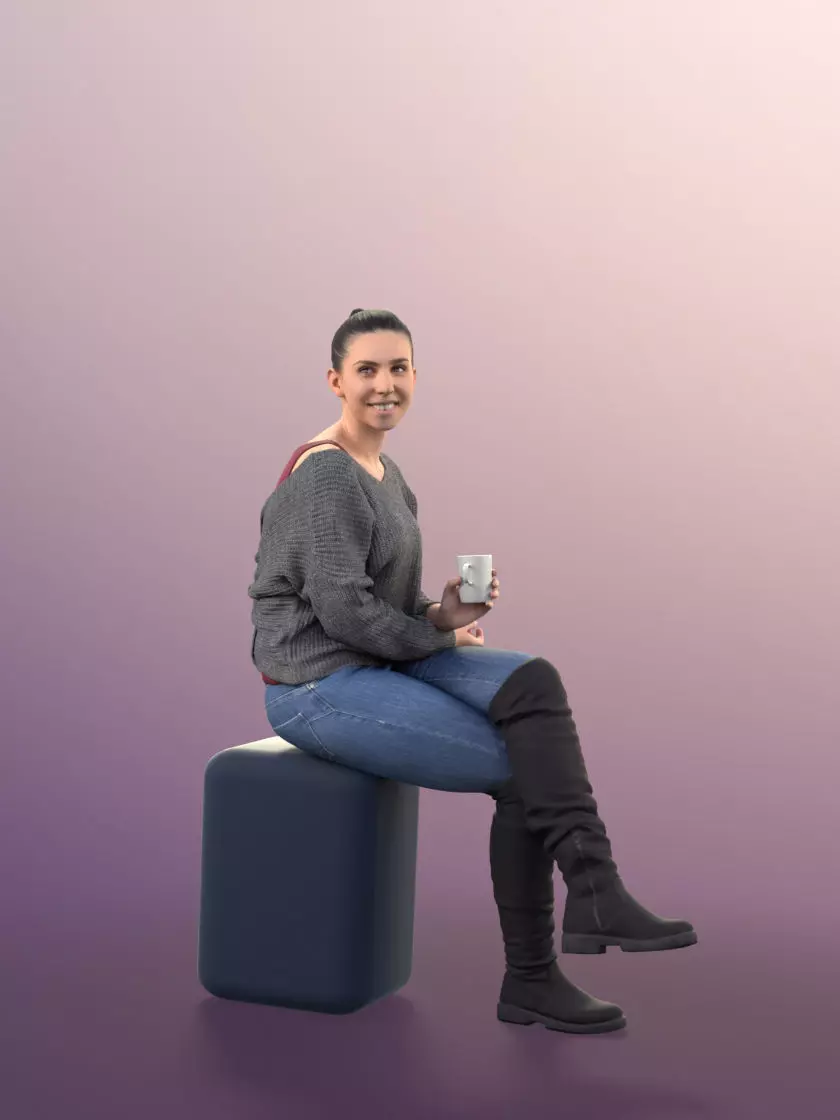 Estelle 11050 - woman sitting drinking coffee smiling 3D model_0