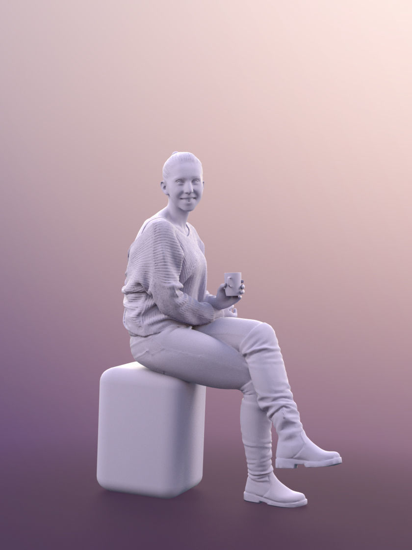 Estelle 11050 - woman sitting drinking coffee smiling 3D model_2