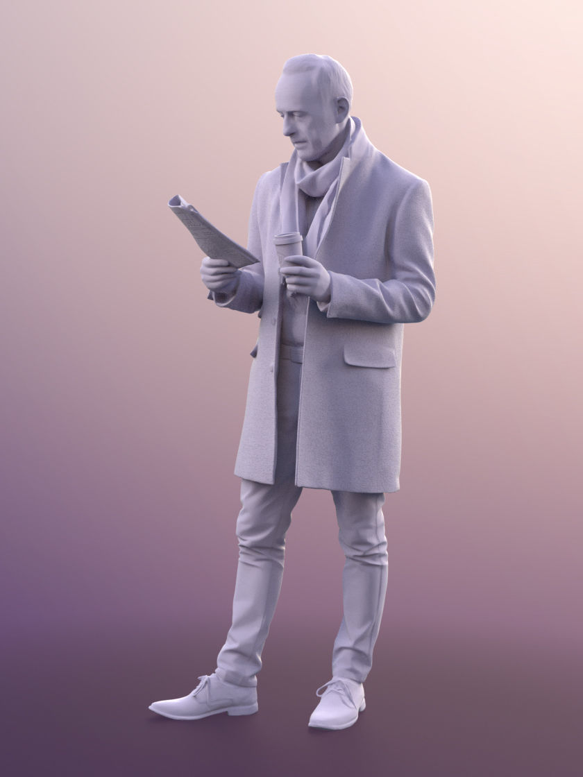 Jason 11309 - Man standing coat winter reading newspaper coffe 3D model_4