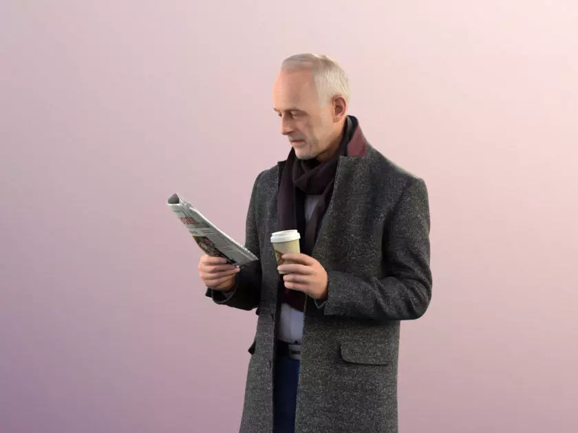 Jason 11309 - Man standing coat winter reading newspaper coffe 3D model_0