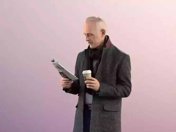 Jason 11309 - Man standing coat winter reading newspaper coffe 3D model