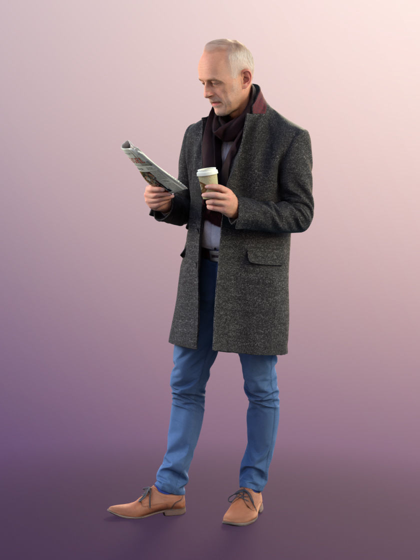 Jason 11309 - Man standing coat winter reading newspaper coffe 3D model_2