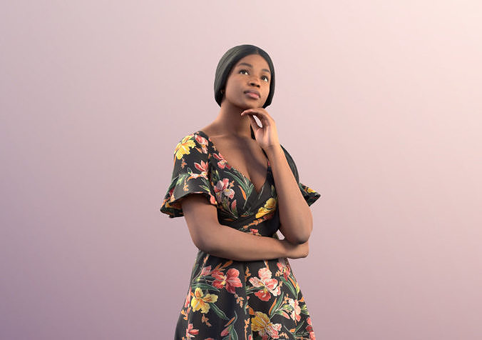 Micaela 11413 - Black Woman Standing In Flowered Dress 3D model