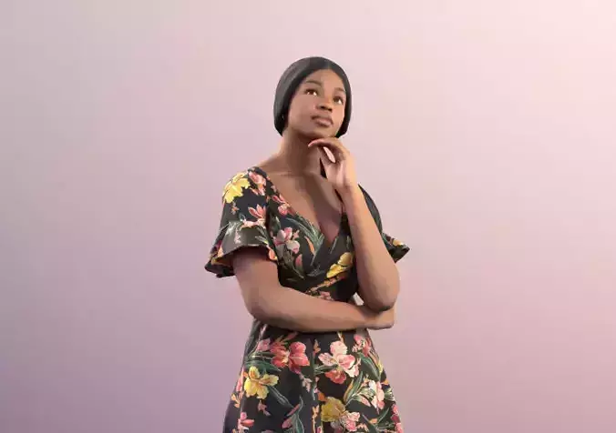 Micaela 11413 - Black Woman Standing In Flowered Dress 3D model Micaela 11413 - Black Woman Standing In Flowered Dress 3D model