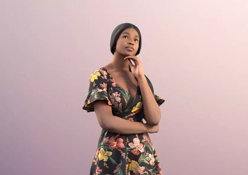 Micaela 11413 - Black Woman Standing In Flowered Dress 3D model_0