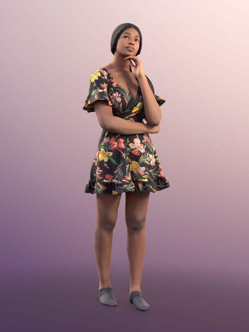 Micaela 11413 - Black Woman Standing In Flowered Dress 3D model_2