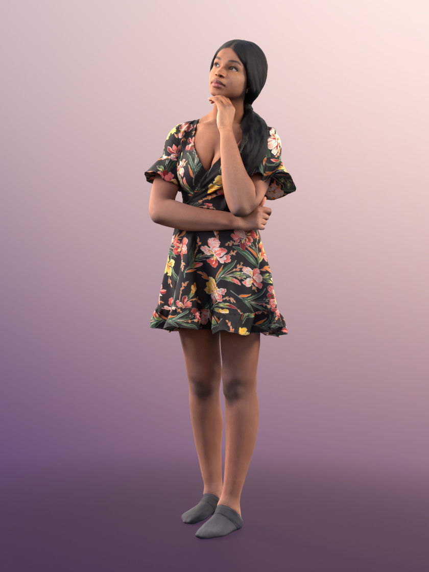 Micaela 11413 - Black Woman Standing In Flowered Dress 3D model_4