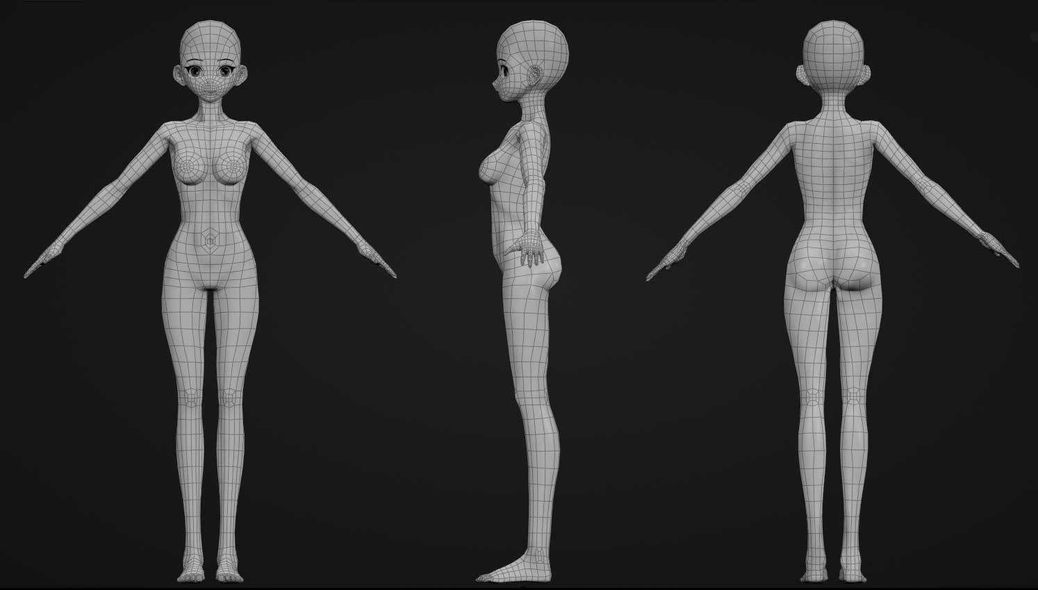 Anime girl base mesh Low-poly 3D model_11