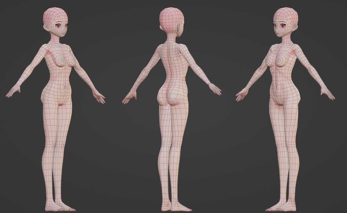 Anime girl base mesh Low-poly 3D model_10