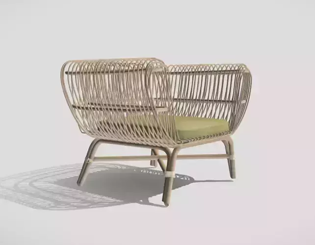 Rattan braided armchair with upholstered seat in green