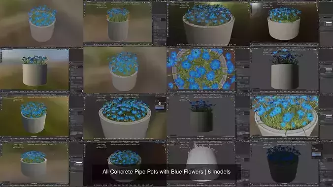 All Concrete Pipe Pots with Blue Flowers 3D Model Collection