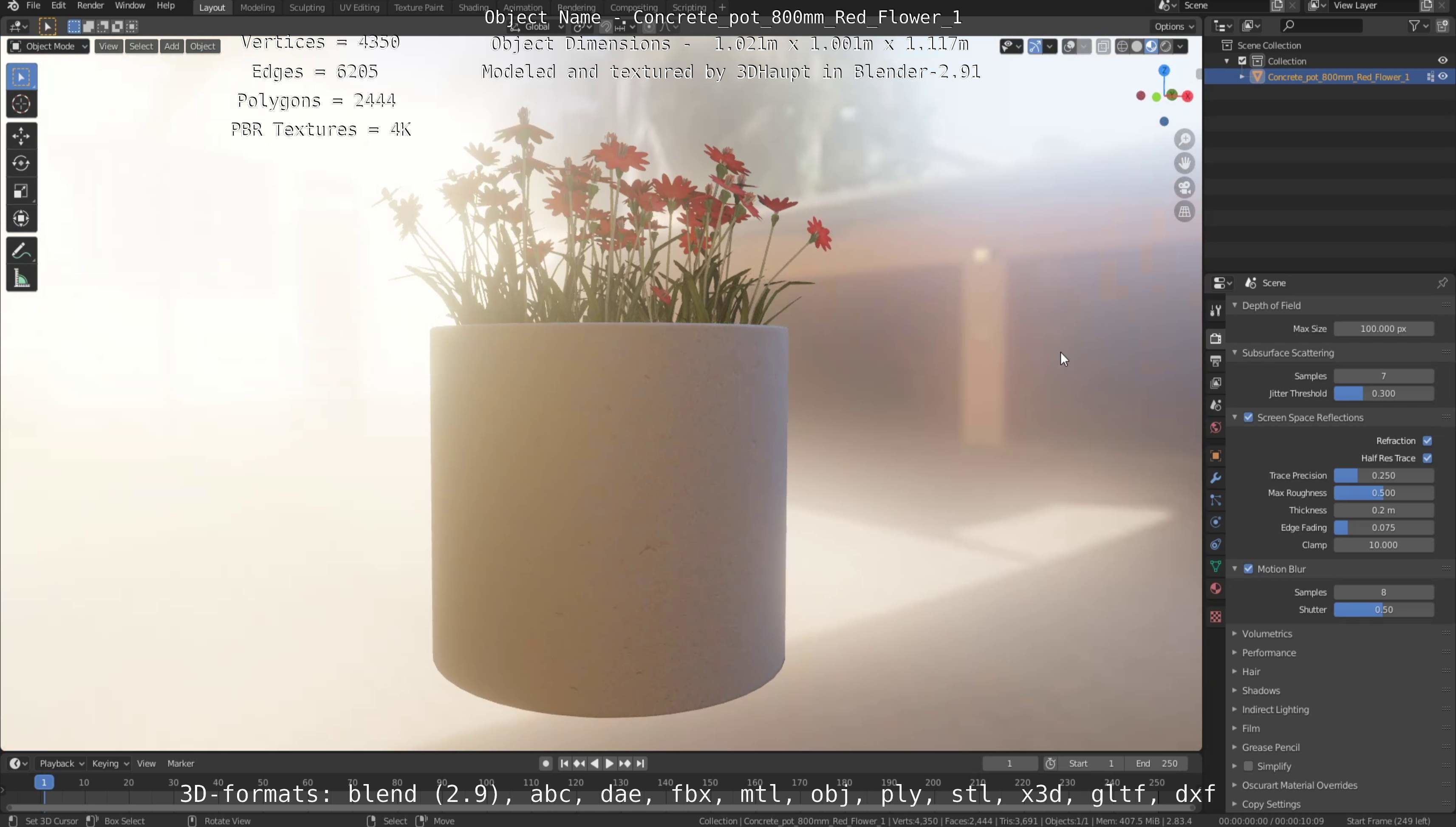 Concrete Pipe Pots With Red Flowers 3D Model Collection_24