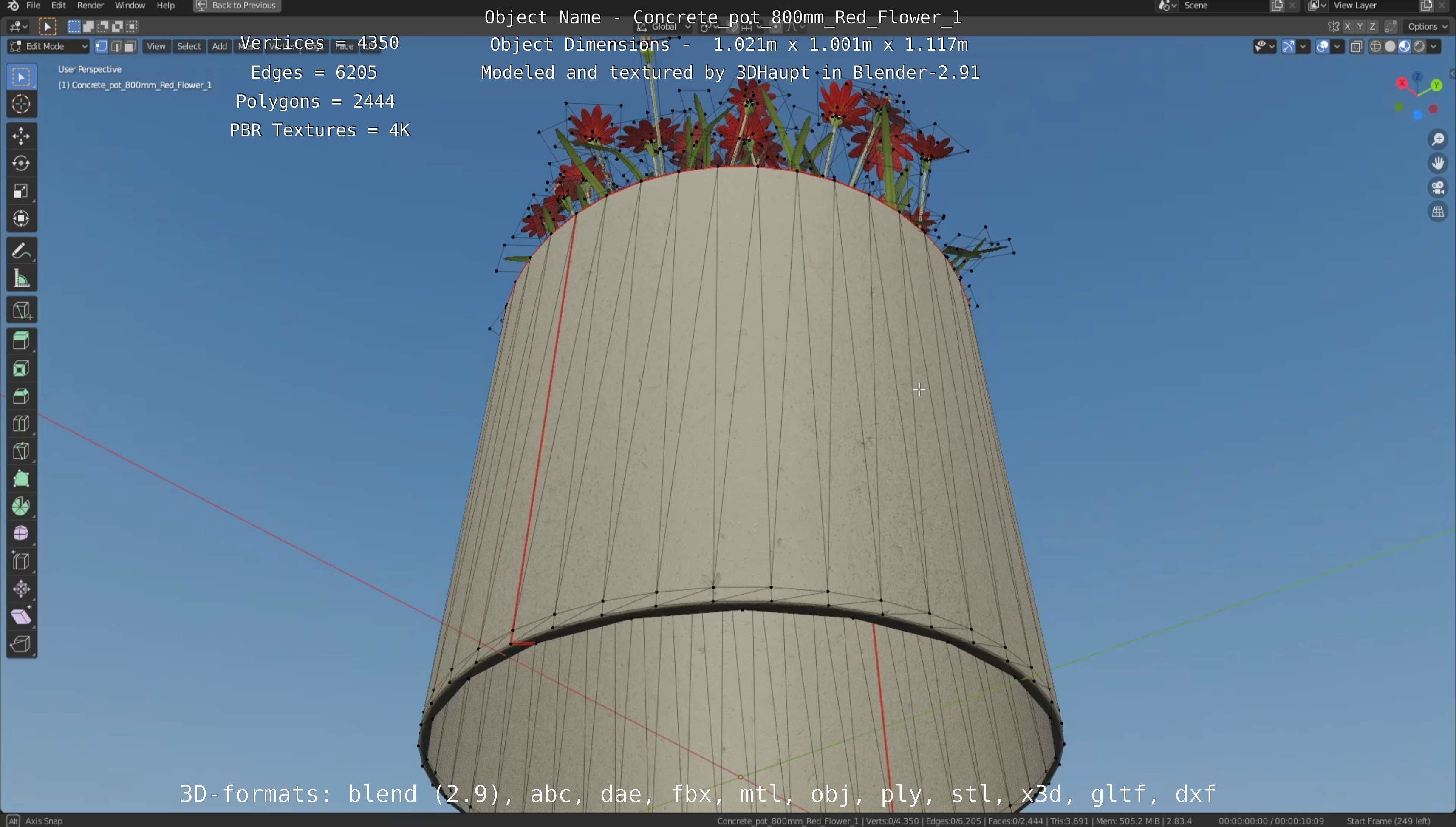 Concrete Pipe Pots With Red Flowers 3D Model Collection_27