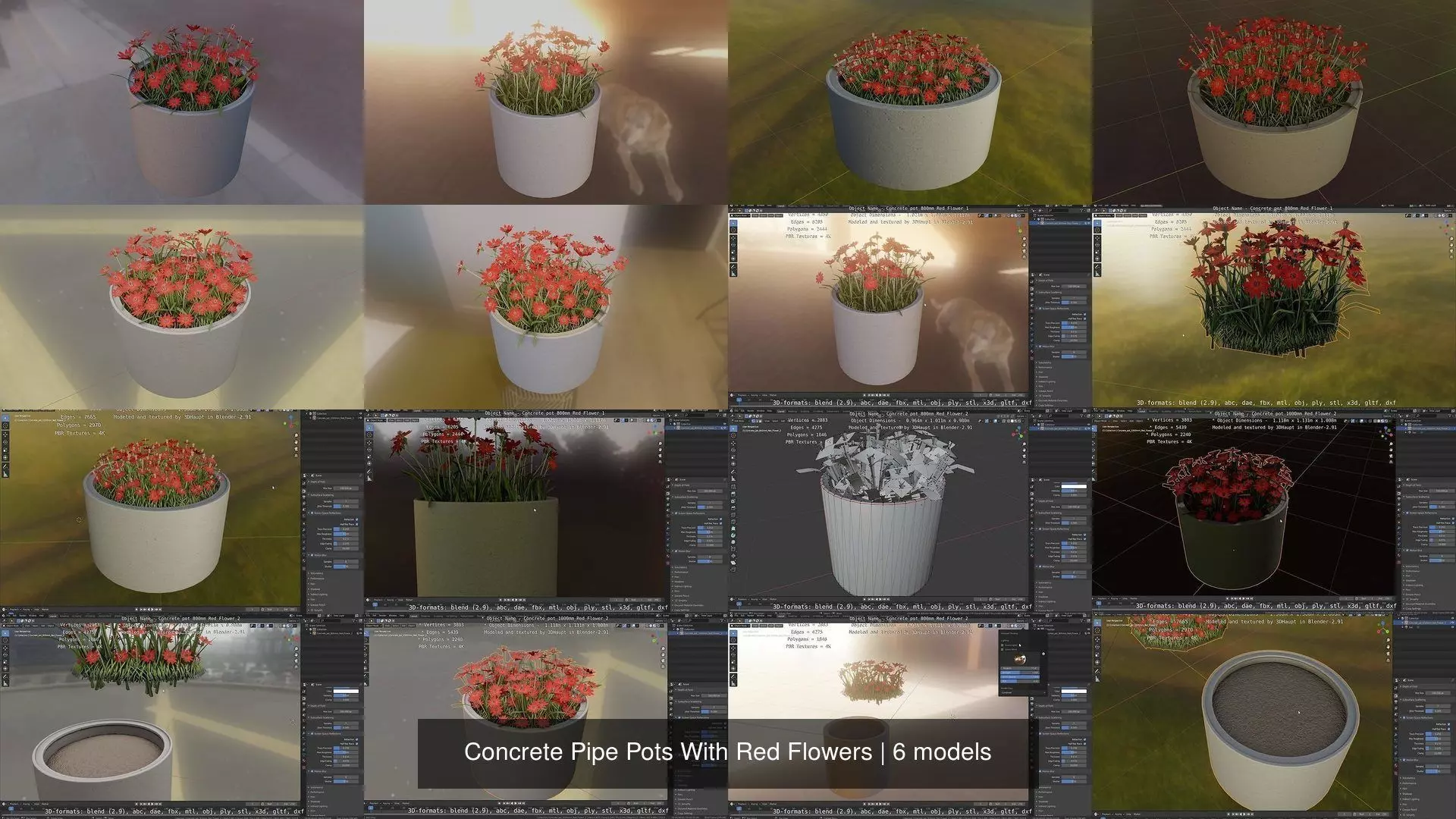 Concrete Pipe Pots With Red Flowers 3D Model Collection_0