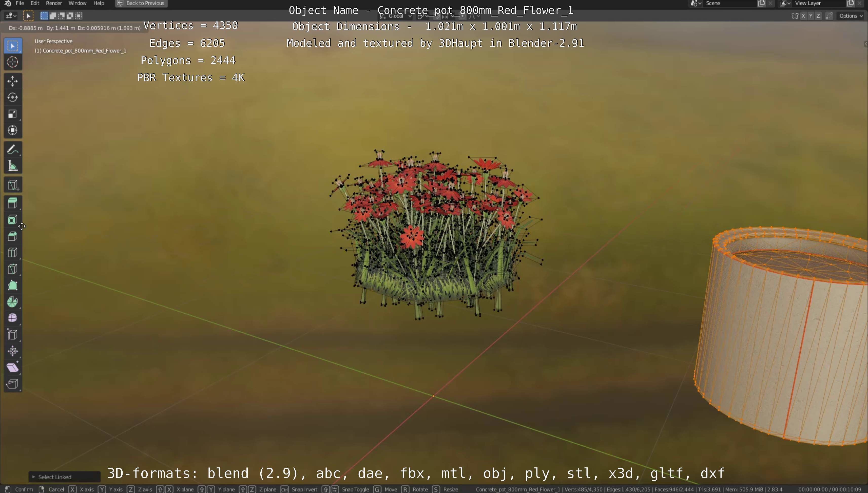 Concrete Pipe Pots With Red Flowers 3D Model Collection_30
