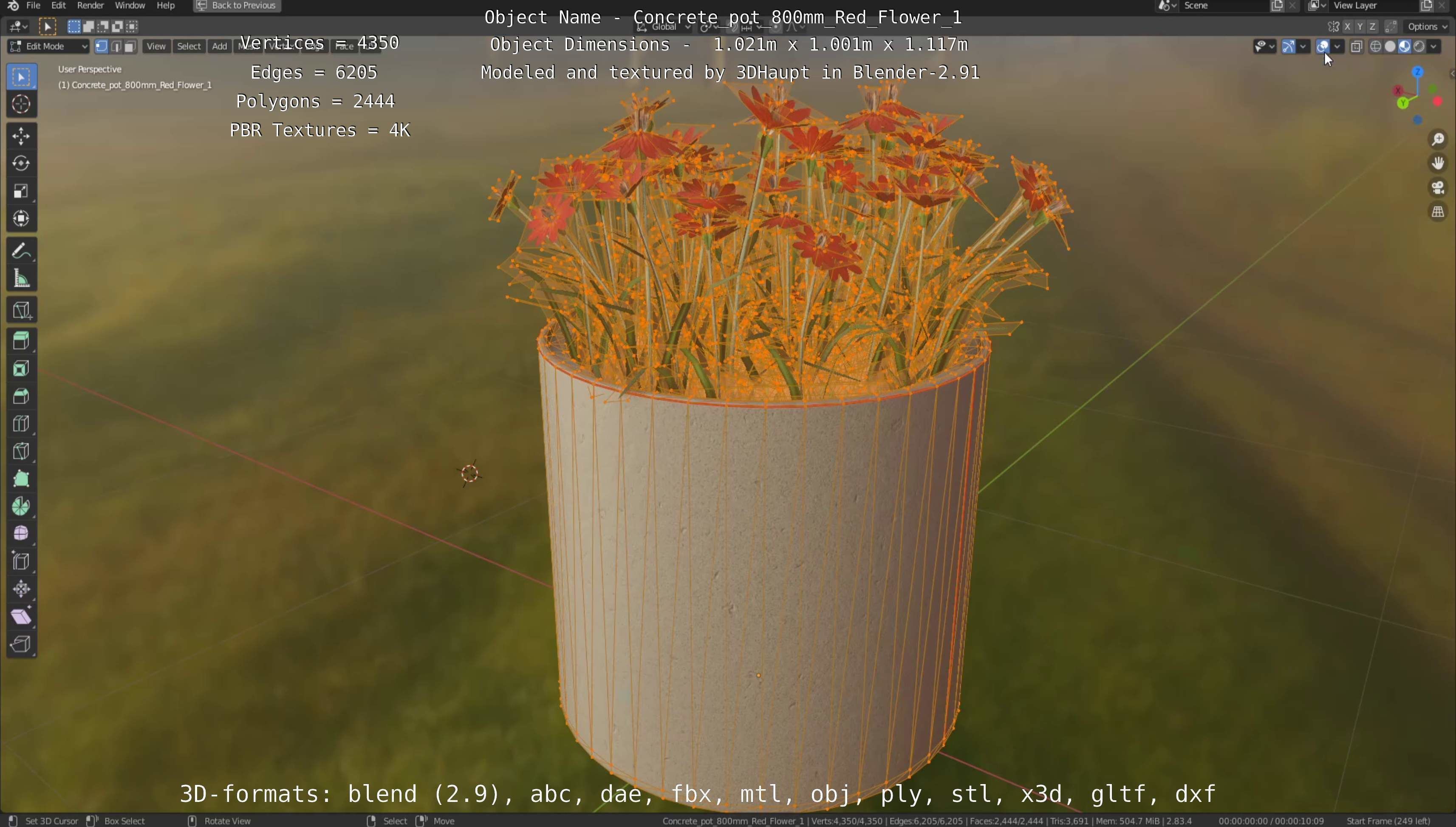 Concrete Pipe Pots With Red Flowers 3D Model Collection_21