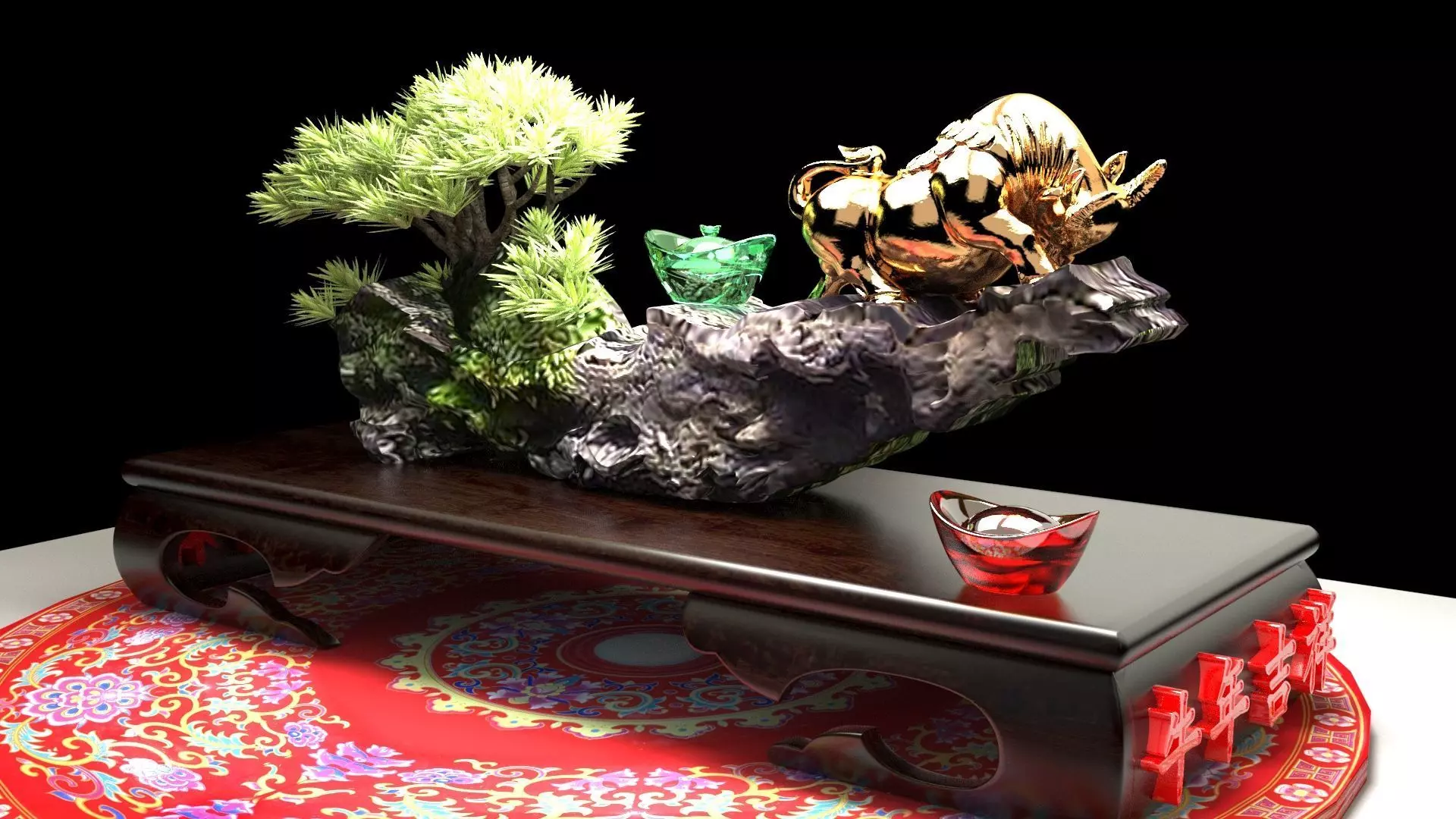 chinese gold ingot and bull 3D model_0