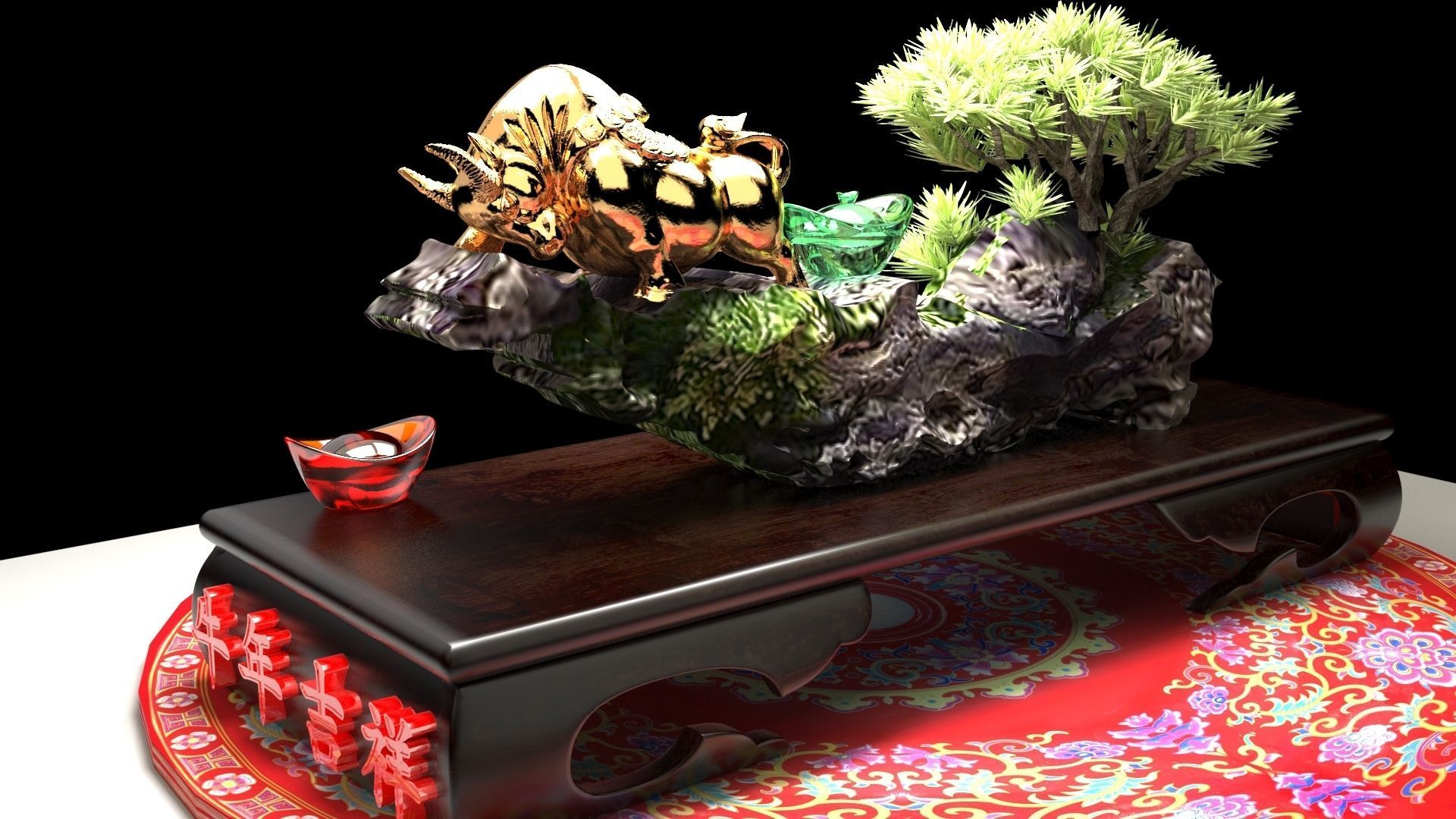 chinese gold ingot and bull 3D model_3