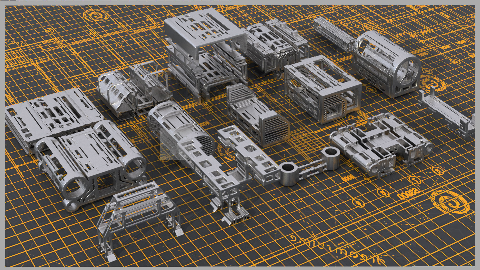 84 Hard Surface Mechanical Sci-Fi Kitbash Pack 3D model_4