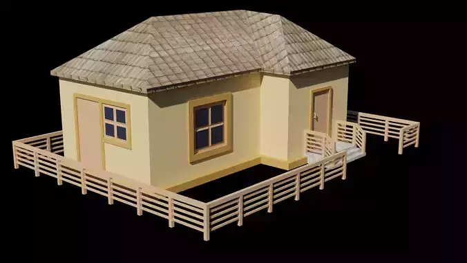 low poly house with wooden fence