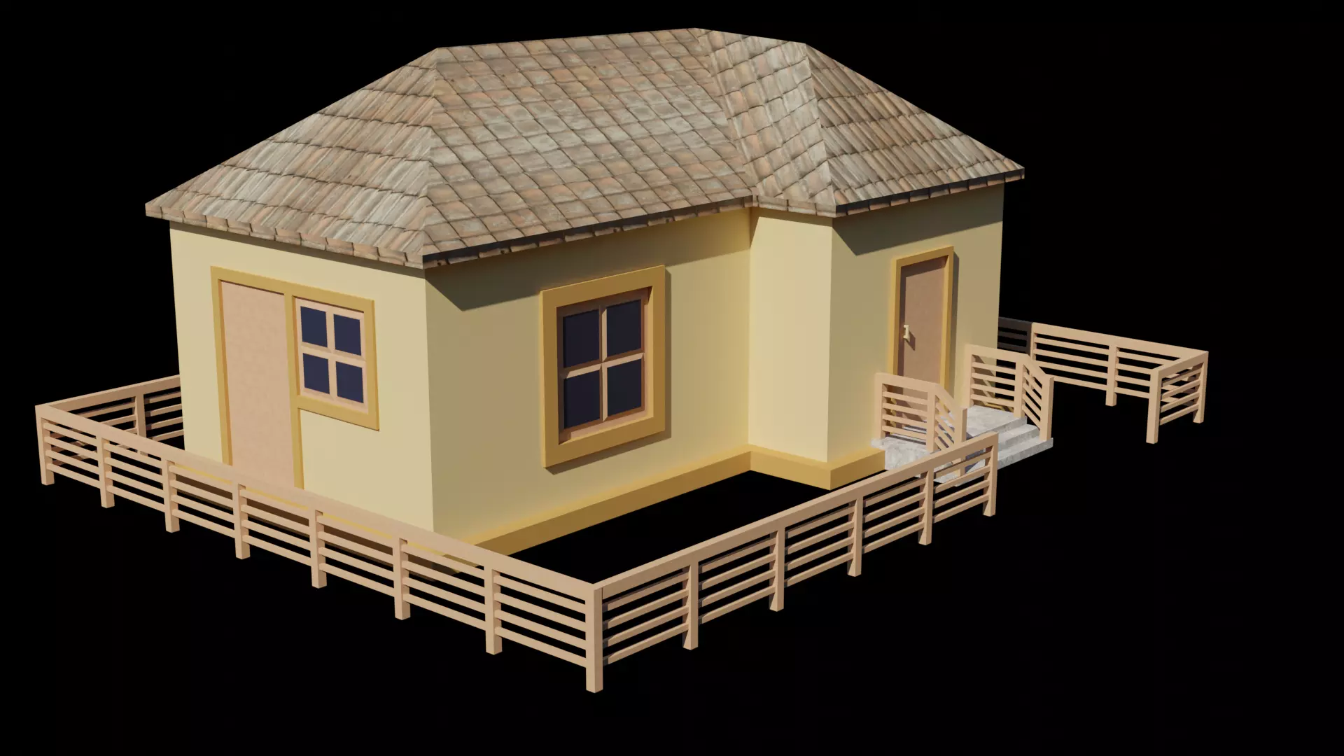 low poly house with wooden fence Low-poly 3D model_0