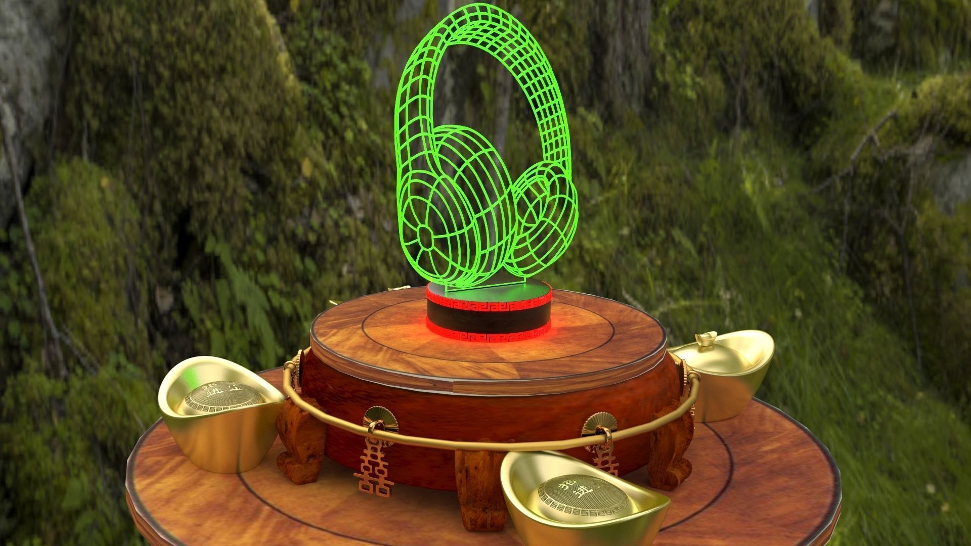 Chinese gold ingot  with neon headphone  3D model_7