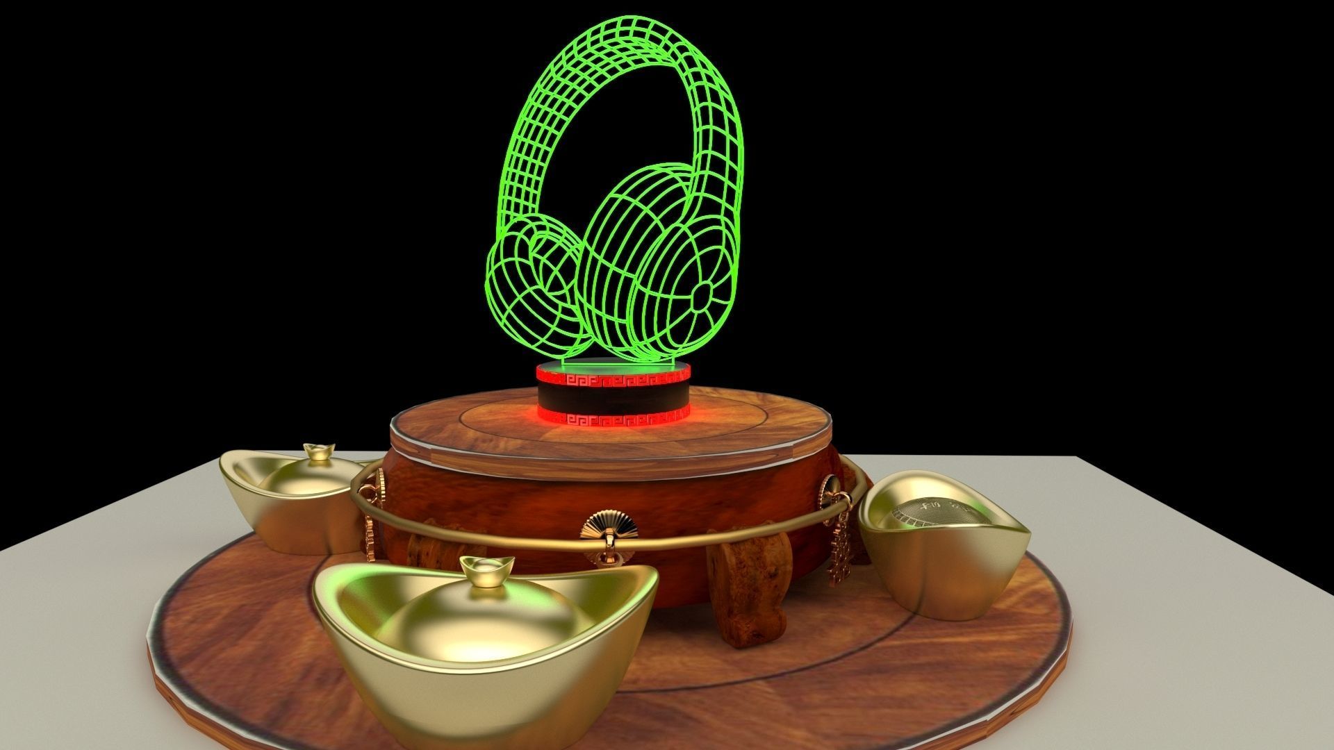Chinese gold ingot  with neon headphone  3D model_5