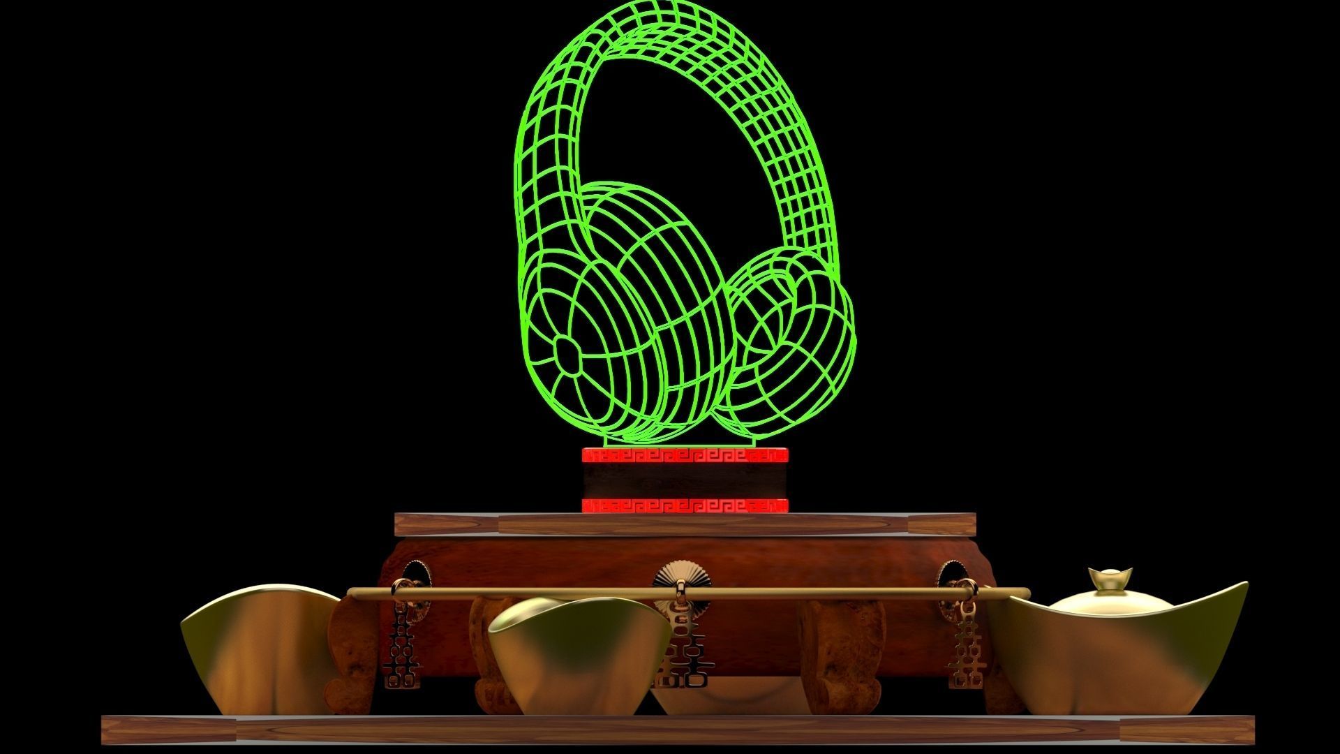 Chinese gold ingot  with neon headphone  3D model_3